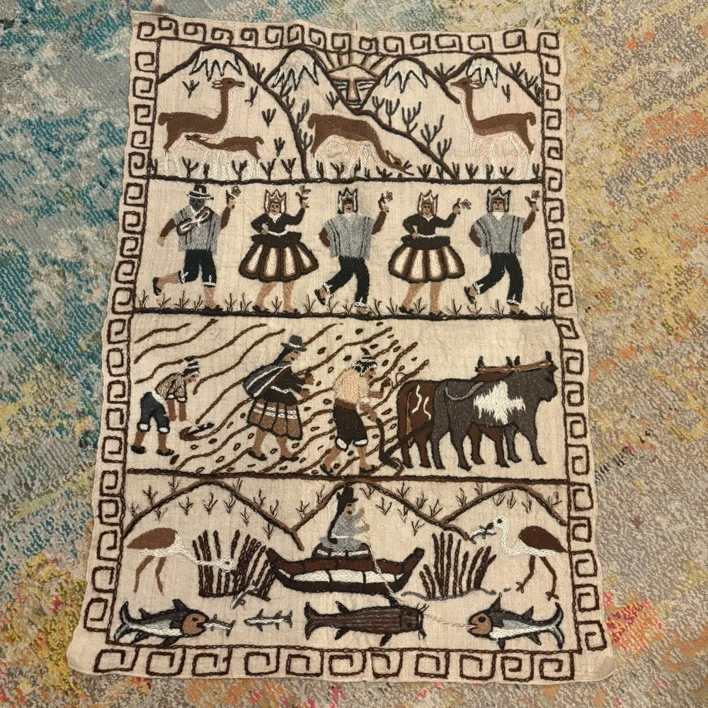 Vintage Folk Art Embroidery Peruvian Wall Tapestry Peru Artisan Fishing Farming